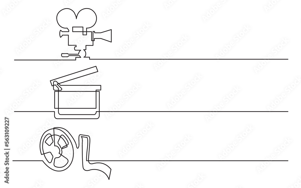 Sticker continuous line drawing vector illustration with FULLY EDITABLE STROKE of movie camera clap board film tape