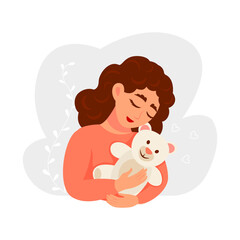 Beautiful warm illustration with young woman hugging teddy bear. Mother's day, love concept. Vector illustration isolated from white