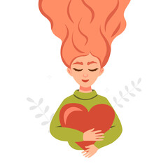 Self care concept. Woman hugging heart, acceptance and self love. Positive psychology, optimism and mental health.