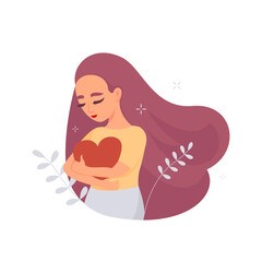 Self care concept. Woman hugging heart, acceptance and self love. Positive psychology, optimism and mental health.