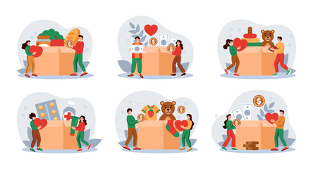 Charity donation. Food and clothing donate. Donating box. People giving coins or medicines. Humanitarian assistance. Philanthropy and volunteering. Vector illustration concepts set