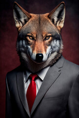 Stylish, businesslike, important wolf in a business suit. AI generation