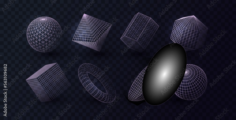 Poster 3d line polygonal geometric shapes. circle and square grid. abstract geometry graphic triangle, ring