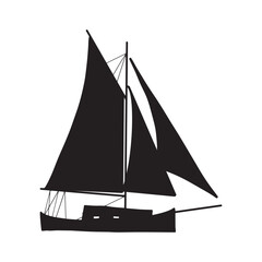 Fishing boat black silhouette. Small ships in flat design. Kid toy style. Vector illustration on white background