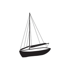 Fishing boat black silhouette. Small ships in flat design. Kid toy style. Vector illustration on white background