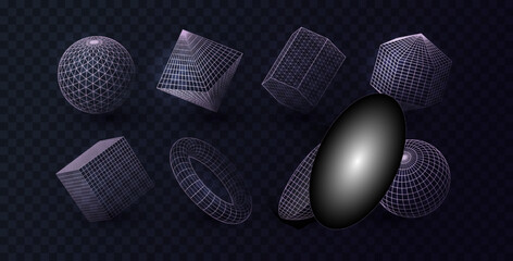 3d line Polygonal geometric shapes. Circle and square grid. Abstract geometry graphic triangle, ring design, mesh cube. Linear algebra figures. Retrowave style. Vector illustration exact objects