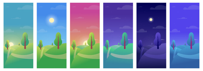 Sun day, afternoon and night, morning sky. Sunrise and sunset landscape. Evening and daytime, parts of noon. Tree in field, summer time, vertical posters. Vector cartoon meadow recent set