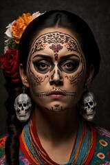 Dia de los muertos, Mexican holiday of the dead and halloween. Woman with sugar skull make up and flowers. This image is generated with generative AI
