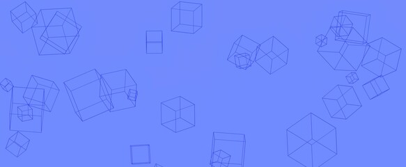 Scattered mesh cubes on blue background. Geometric falling squares in digital abstract 3d render design for banner and presentation