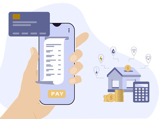 The concept of mobile payment for energy consumption and utilities at home. Illustration of paying the cost of living. PNG