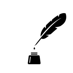 Feather with drop of ink and bottle. Vintage calligraphic writing and drafting pen with classic retro design and literary vector silhouette