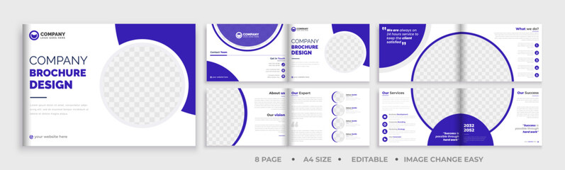 8 page brochure landscape template, corporate business booklet brochure design, modern layout bifold brochure, annual report template,