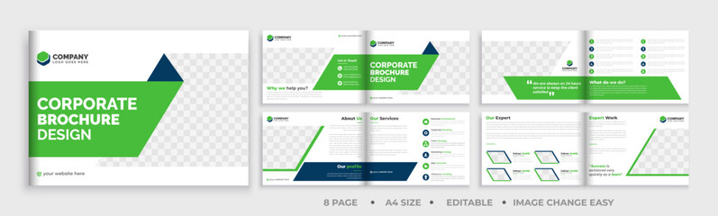 8 page brochure landscape template, corporate business booklet brochure design, modern layout bifold brochure, annual report template,