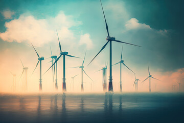 Floating wind turbines installed in sea. Alternative energy source generative AI - obrazy, fototapety, plakaty