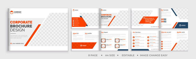 8 page brochure landscape template, corporate business booklet brochure design, modern layout bifold brochure, annual report template,