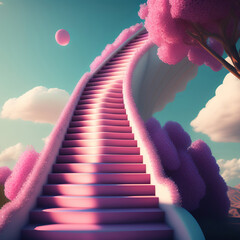 Generative AI: fantasy landscape with stairs and beautiful tree