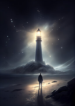 Silhouette of a man on the background night a bright lighthouse. AI Generated