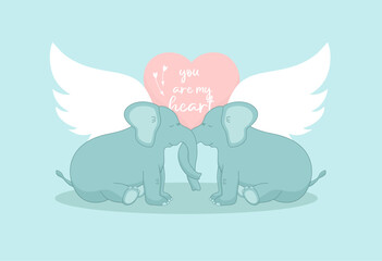 Elephants in love on the background of a heart with wings and the inscription you are my heart and arrows on a green background. Vector flat illustration for St. Valentine's Day.