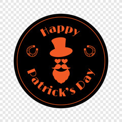 Happy Patrick's Day vector illustration of festive design. Black and orange colors. Emblem with thematic decor and text. Design for decorating banners, flyers, greeting cards, logos, prints, packings.