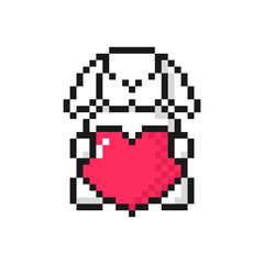 Rabbit with heart icon in pixel art design. Love symbol for Valentine's Day or birthday. Isolated on white background vector sign
