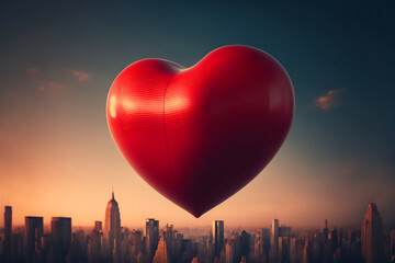 Red heart inflated giant hot air balloon flies hung in the air over the city in the evening at dawn. Generative AI technology