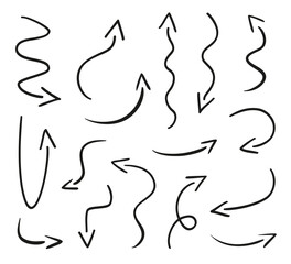 Infographic elements on isolated white background. Hand drawn simple arrows. Line art. Set of different pointers. Abstract indicators. Black and white illustration. Doodles for artwork