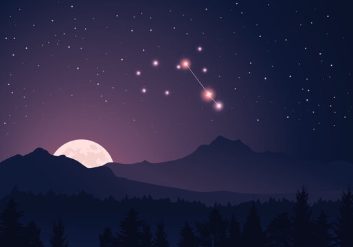 Vector constellation Pyxis in dark purple, starry sky. Misty hills, rising moon, dark forest, mountains