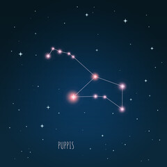 Obraz na płótnie Canvas Constellation scheme in starry sky. Open space. Vector illustration Puppis constellation through a telescope