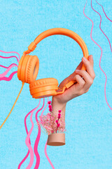 Photo cartoon comics sketch collage picture of arm holding floral headphones isolated drawing...