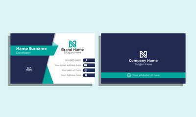 Modern and simple business card design with deep blue and dark green color. Visiting card for business and personal use. Vector illustration design.