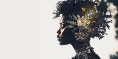 Profile face view of beautiful African woman painting combined with nature background on white panoramic copy space. Generative AI - 563113801