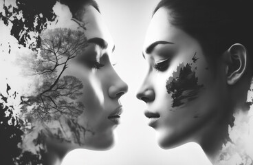 Beautiful faces of two women with eyes closed on white panoramic background. Black and white toned image. Generative AI	
