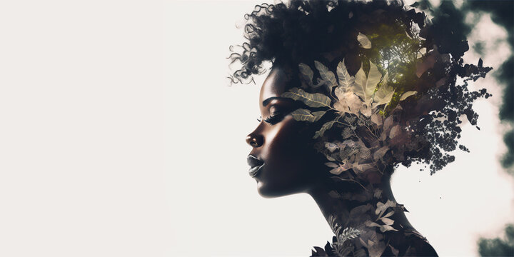 Profile face view of beautiful African woman painting combined with nature background on white panoramic copy space. Generative AI