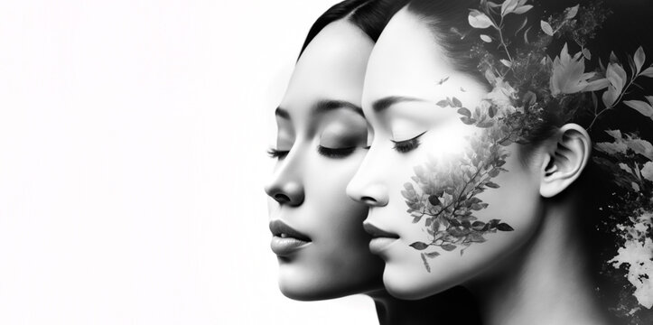 Beautiful faces of two women with eyes closed on white panoramic background. Black and white toned image. Generative AI	
