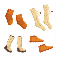 Women high boots, shoes, socks, knee socks autumn and winter. Vector illustration. Orange and beige.