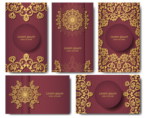 Golden mandala. Set of five burgundy backgrounds with a circular ethnic pattern. Luxurious design in invitation, packaging, cover, flyer. 