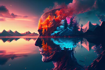 Fototapeta na wymiar Landscape. A burning human head, half in a lake and half on land. Fantasy Plot. Created with Generative AI technology.