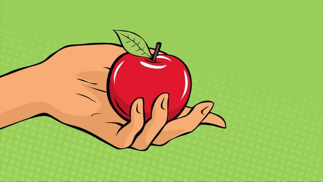 Female hand with a red apple. Eva woman seduces with appetizing fruit. Sweet natural dessert. Healthy food. Illustration pop art style. Free space web banner design. Animation, video motion