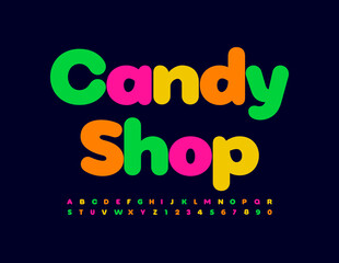 Vector bright Sign Candy Shop. Modern Colorful Font. Creative Alphabet Letters and Numbers