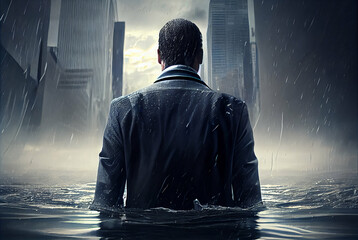 A businessman standing in water under heavy rain drowning