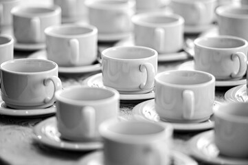 a lot of rows of pure white cups with plates for coffee or tea break