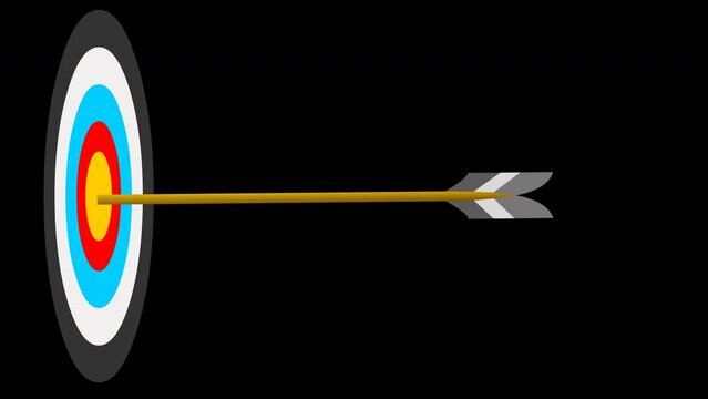 Direct hit target, colored board, bullseye arrow goal animation. Red, yellow, blue. Perspective circle side wall. Business, archery, school, success, finance.  Transparent alpha background video