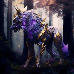 wolf with gold armor in the forest