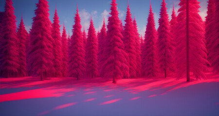 AI Digital Illustration Red and Blue Forest Landscape