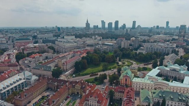 Warsaw, Poland. Aerial view Palace of Culture and Science and downtown business skyscrapers in Warsaw, Poland.