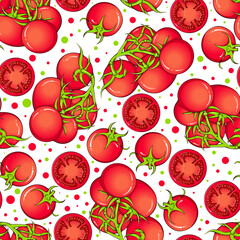 Seamless pattern with red branch, whole and sliced tomatoes. Vector cartoon fresh vegetables illustration isolated on white. Design for textile, wallpapers, decoration, wrapping paper, scrapbooking