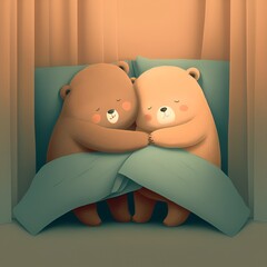 illustration of two cute bears on a bed hugging each other, generative AI