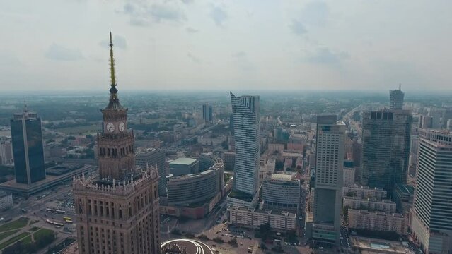 Warsaw, Poland. Aerial view Palace of Culture and Science and downtown business skyscrapers in Warsaw, Poland.