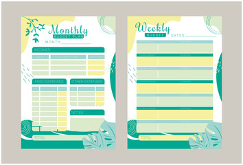 Financial planner page vector templates. Budget for the month and the week. Minimalistic design with plants in yellow and green colour