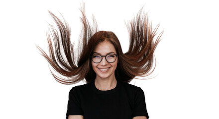 Indoor shoot of Italian woman in spectacles and black t-shirt with fluttering long loose hair in...